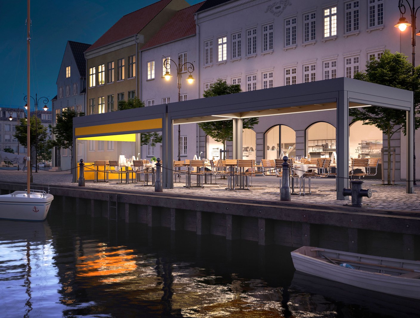 Beleuchtete markilux markant Markisenanlage an einem Hafen bei Nacht