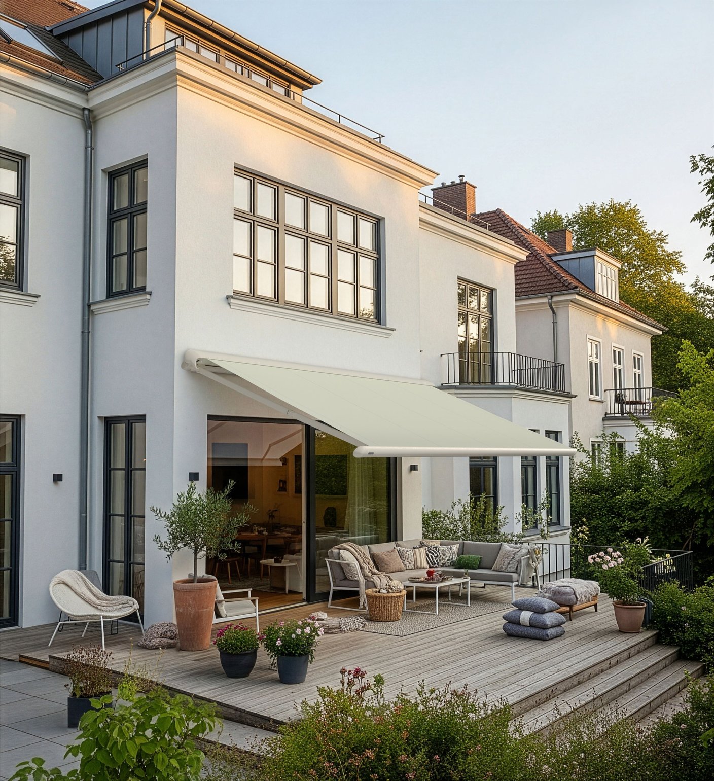 markilux 1600 Halbkassettenmarkise mit hellem Tuch an einer klassischen Stadtvilla