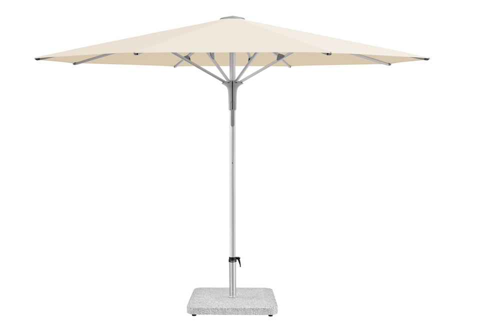 Glatz FORTERO Pro, runder windfester Sonnenschirm mit cremefarbenem Dach an natureloxiertem Mast, geöffnet, freigestellt